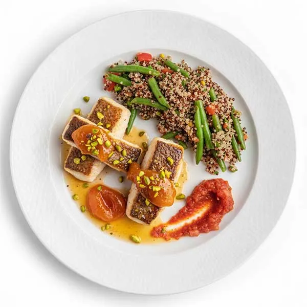 Cinnamon-Apricot Glazed Sea Fish with Salsa Roja & Garden Green Bean Quinoa